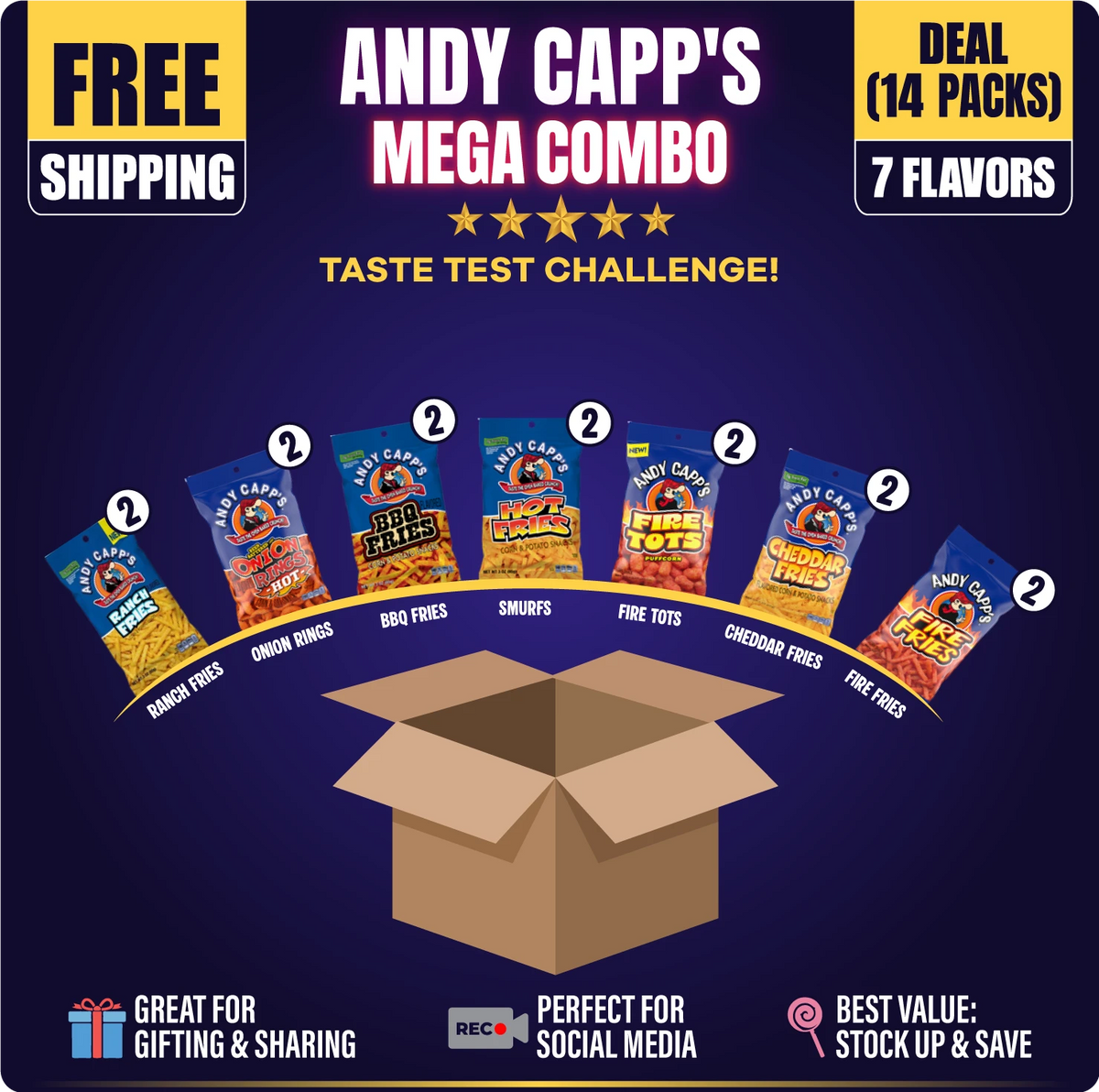 Andy Capp's Mega Combo 7 Flavors (14 Packs) at UsaCandyWholesale.Com