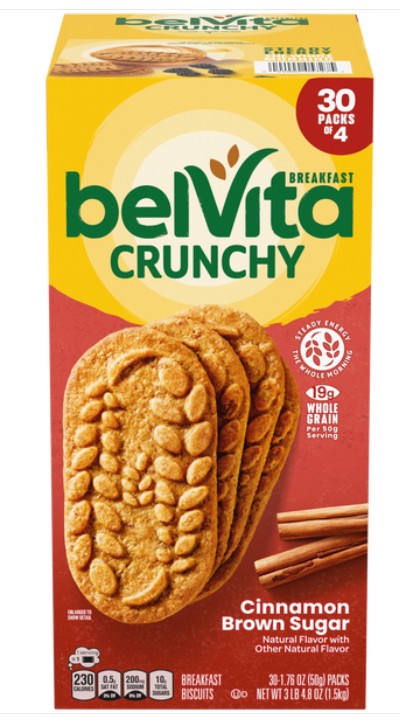 Belvita Breakfast Crunchy Biscuits Cinnamon Brown Sugar Each Pack 1.76 oz Quantity 4 Pieces Per Pack 30 Packs Per Box Sweet Browse at UsaCandyWholesale.Com