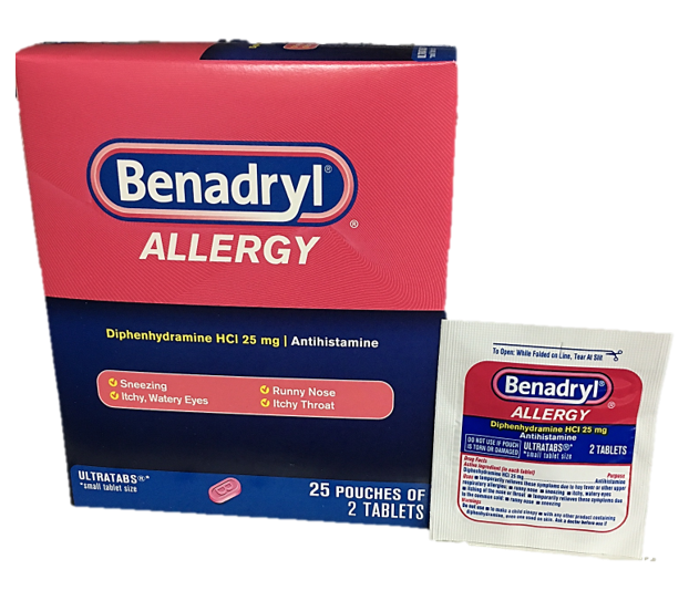 Benadryl Allergy Pain Relief Each Pouch Bring 2 Tablets Quantity 2 Tables Per Packet 25 Packets Per Box Happy Browse at UsaCandyWholesale.Com