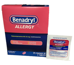 Benadryl Allergy Pain Relief Each Pouch Bring 2 Tablets Quantity 2 Tables Per Packet 25 Packets Per Box Happy Browse at UsaCandyWholesale.Com
