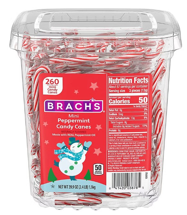 Candy Cane Mini Peppermint Individual Wrapped By Brachs Quantity 260 Pieces Per Jar Sweet Browse at UsaCandyWholesale.Com