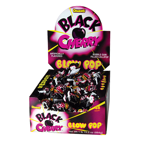 Charms Blow Pops - Black Cherry Flavor Quantity 48 Pops Per Box Sweet Browse at UsaCandyWholesale.Com