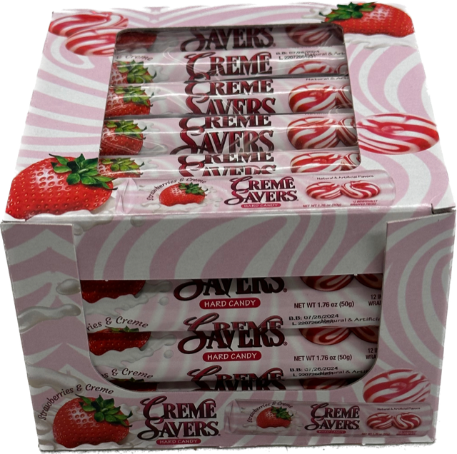 Creme Savers Strawberry Cream Hard Candy Quantity 24 Rolls Per Box Sweet Browse at UsaCandyWholesale.Com