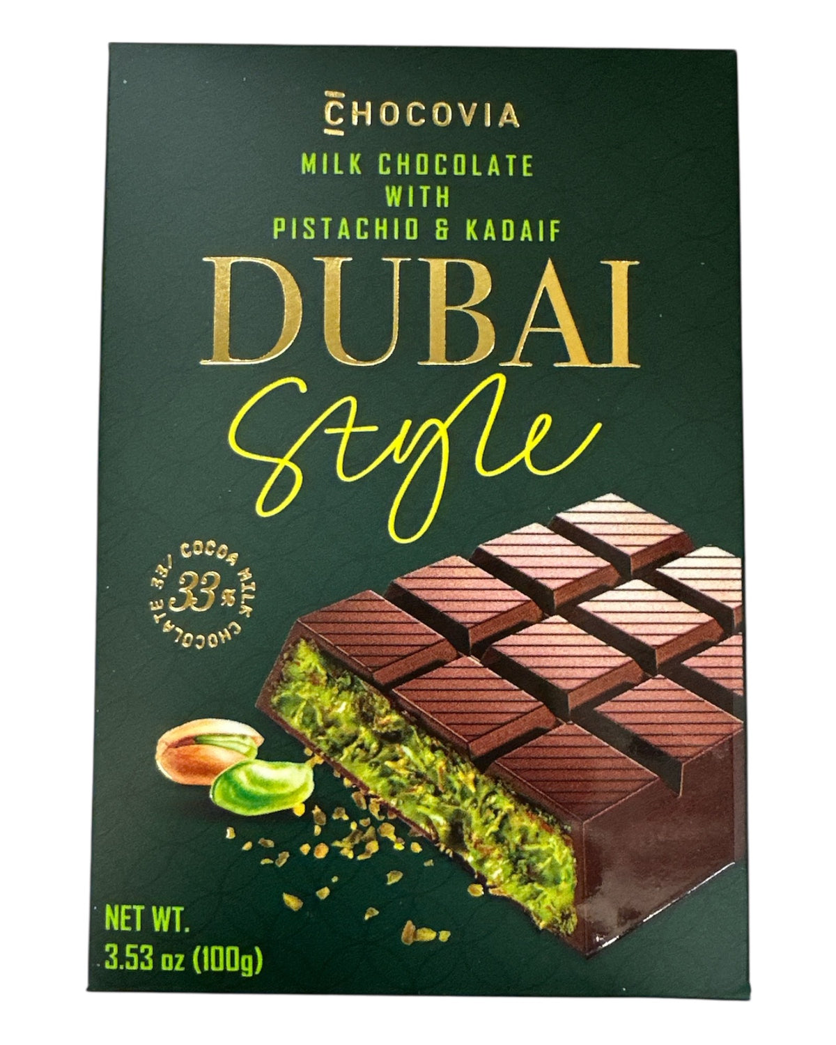 Dubai Milk Chocolate Stuffed with Pistachio & Kataif  3.53 oz  (10 Bars Per Box)