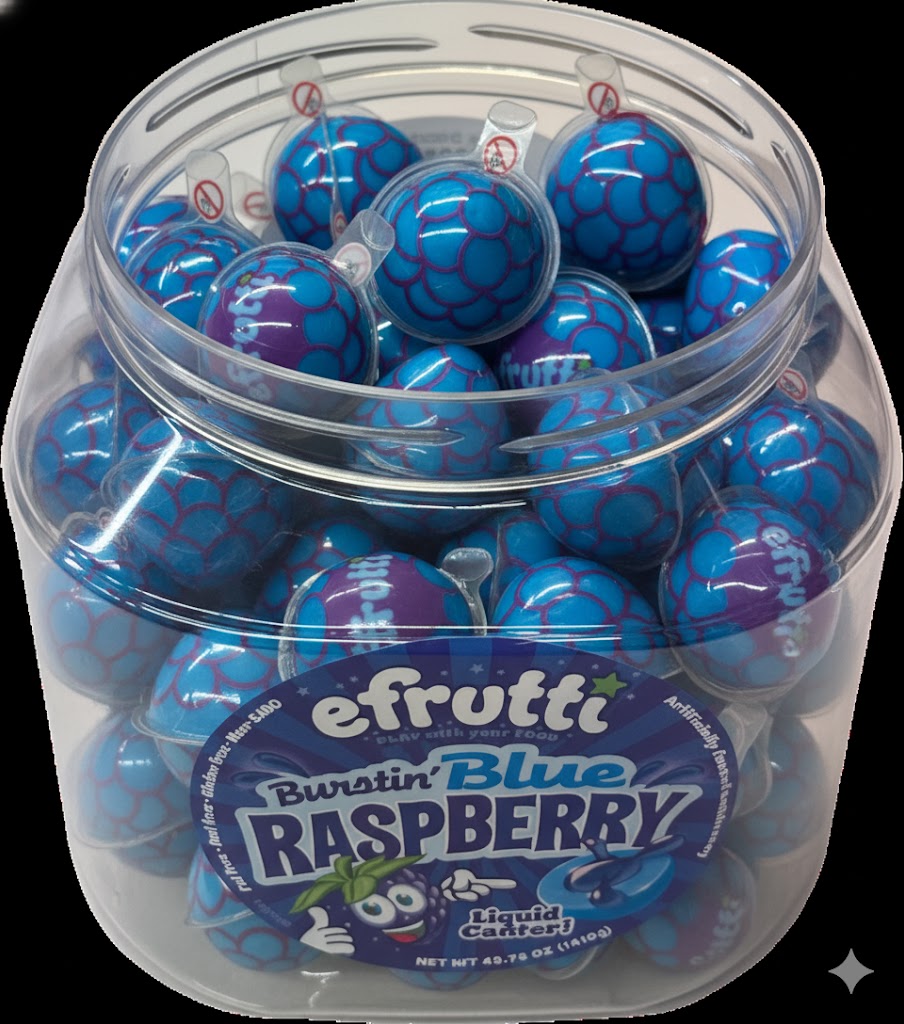 Efrutti Burstin Blue Raspberry Quantity (75 Pieces Per Jar) Sweet Browse at UsaCandyWholesale.Com