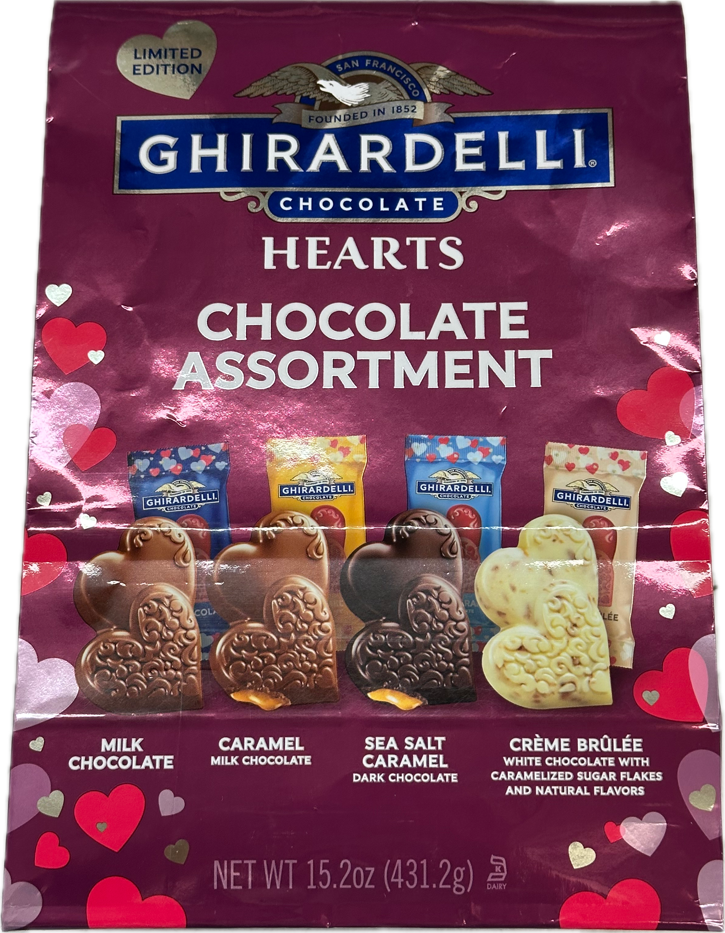 Ghirardell Chocolate Heart Assorted Milk Chocolate. Caramel Sea Salt, Caramel & Creme Brulee Wrapped Qty 15.2 oz Per Bag Sweet Browse at UsaCandyWholesale.Com