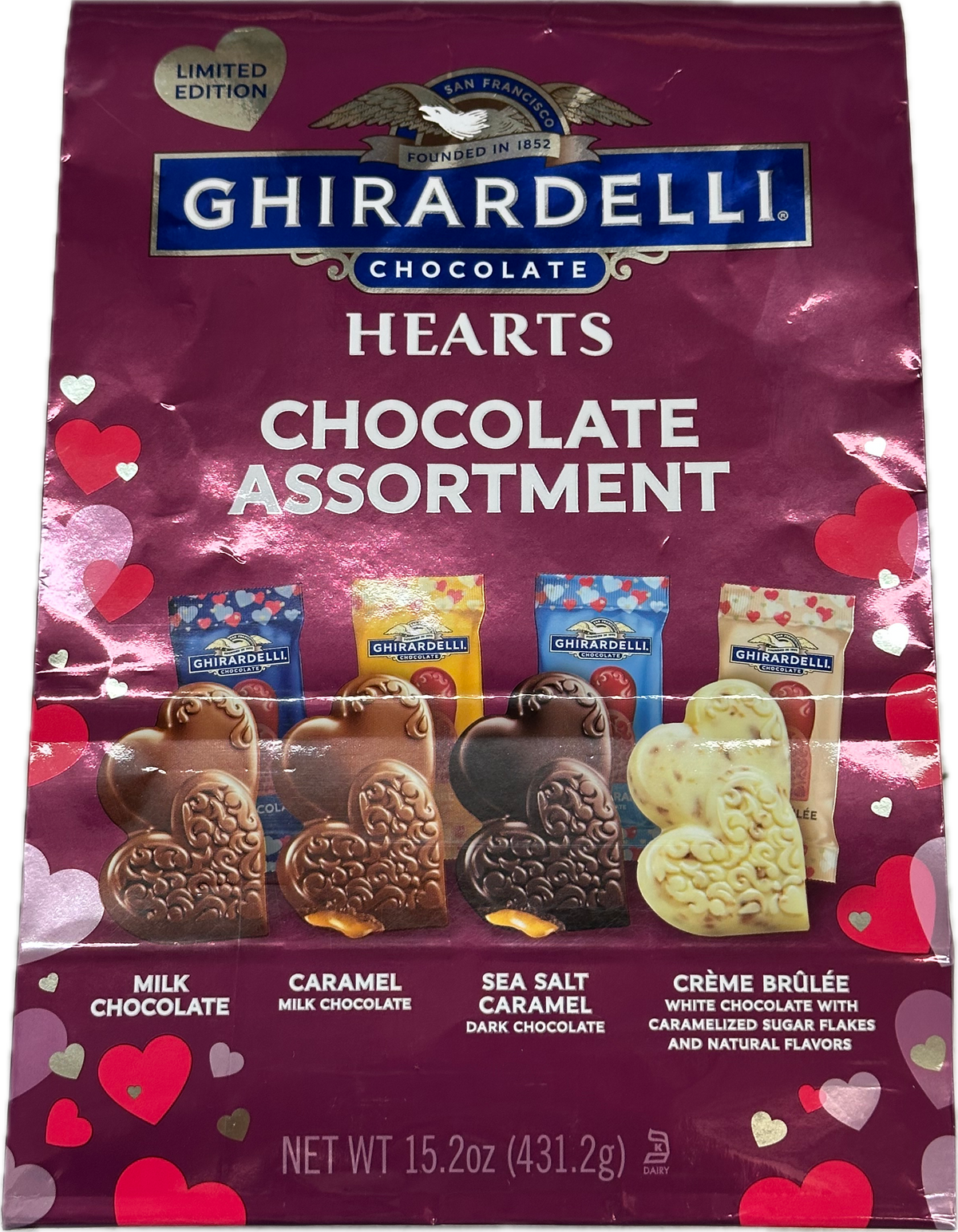 Ghirardell Chocolate Heart Assorted Milk Chocolate. Caramel Sea Salt, Caramel & Creme Brulee Wrapped Qty 15.2 oz Per Bag Sweet Browse at UsaCandyWholesale.Com