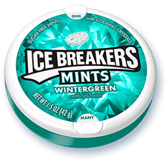 A box of Ice Breakers Mints Wintergreen flavor with cooling crystals. The box contains 8 packs of 1.5 oz each pack. at UsaCandyWolesale.Com