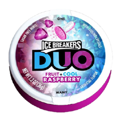Ice Breakers by Hershey's Duo Fruit + Cool Sugar Free Mints Raspberry Flavor 1.3 oz Each Unit Quantity 8 Units Per Box Sweet Browse at UsaCandyWholesale.Com