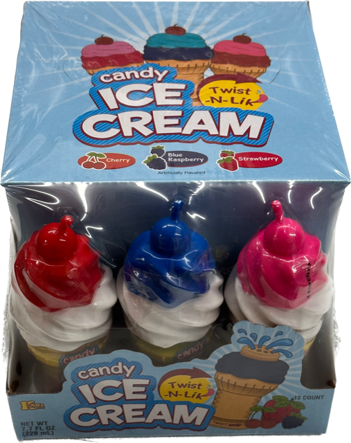 A box of Ice Cream Twist n Lik Candy featuring three pieces of candy shaped like ice cream cones with twistable handles, in red, blue, and pink colors. at UsaCandyWholesale.Com