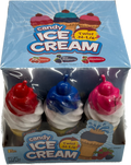 A box of Ice Cream Twist n Lik Candy featuring three pieces of candy shaped like ice cream cones with twistable handles, in red, blue, and pink colors. at UsaCandyWholesale.Com
