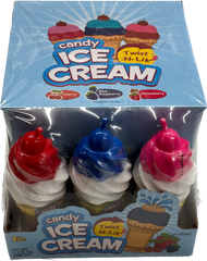A box of Ice Cream Twist n Lik Candy featuring three pieces of candy shaped like ice cream cones with twistable handles, in red, blue, and pink colors. at UsaCandyWholesale.Com