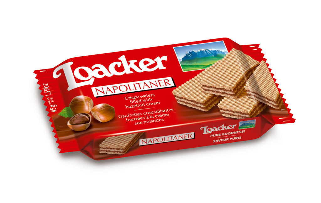 Loacker Crispy Wafer Snacks with Hazelnut Cream Filling Each Pack 45g Quantity 12 Packs Per Box Sweet Browse at UsaCandyWholesale.Com