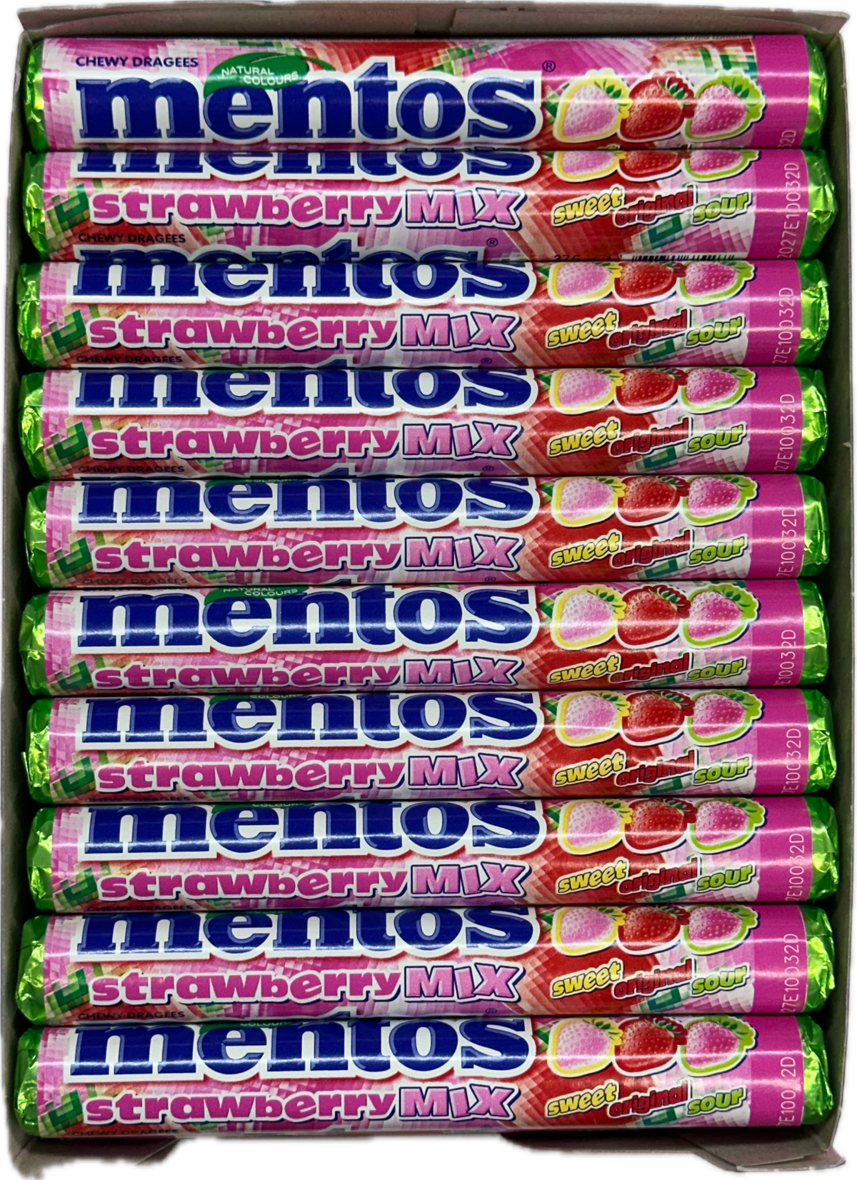Mentos Mint Strawberry Mix Sweet Original and Sour Quantity 40 Rolls Per Box Sweet Browse at UsaCandyWholesale.Com
