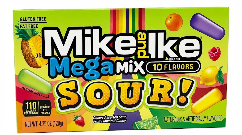 Mike and Ike Mega Mix Sour Theater Movie Pack 4.25 oz Quantity 1 Single Pack Sweet Browse at UsaCandyWholesale.Com