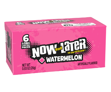 Now and Later Candy Watermelon Flavor 0.93 oz Each Pack Quantity 6 Pieces Per Pack 24 Packs Per Box Sweet Browse at UsaCandyWholesale.Com