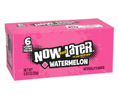Now and Later Candy Watermelon Flavor 0.93 oz Each Pack Quantity 6 Pieces Per Pack 24 Packs Per Box Sweet Browse at UsaCandyWholesale.Com