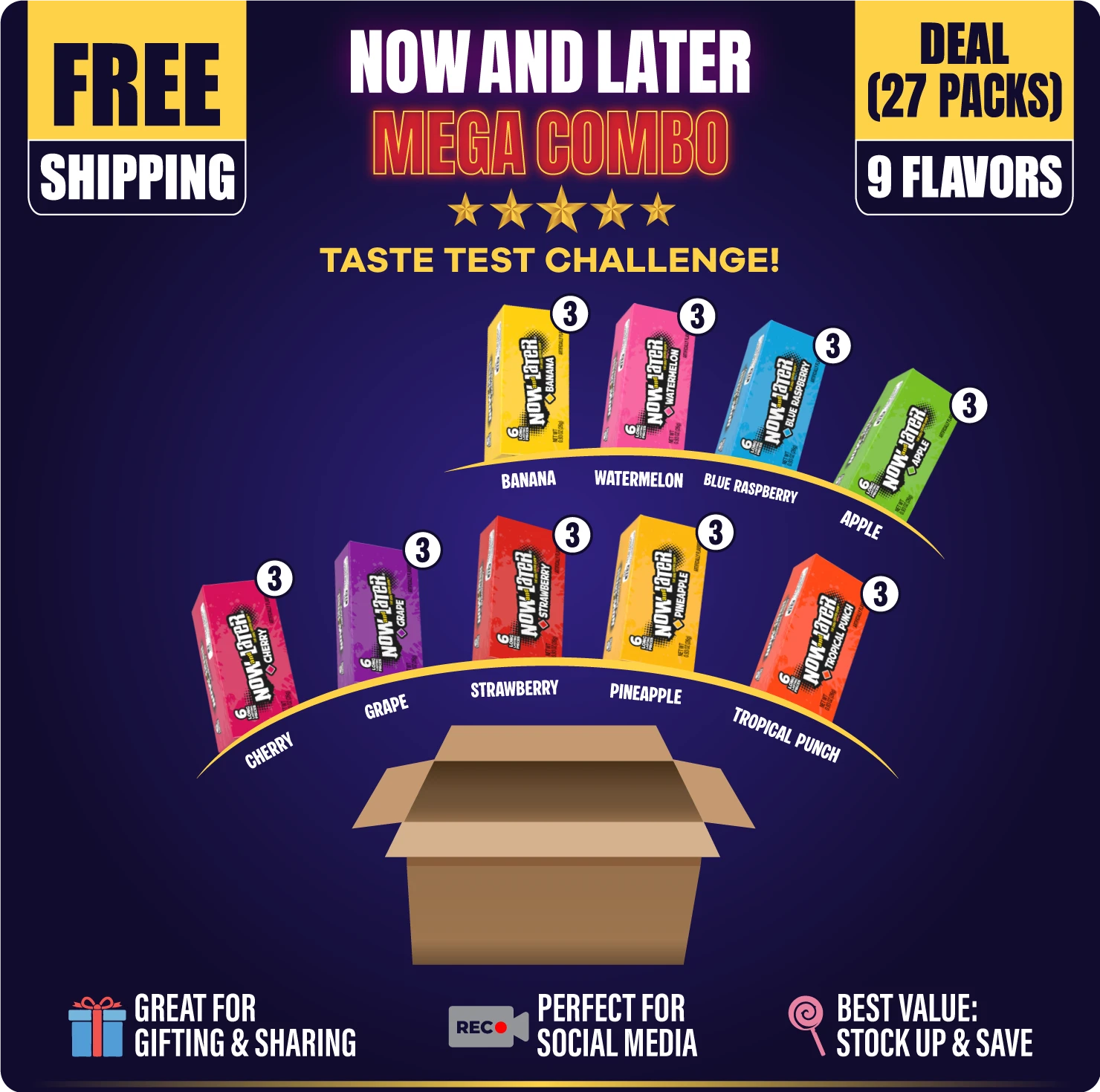 Now and Later Combo Deal 9 Flavors 3 Each Flavor  (27 Packs Per Box)