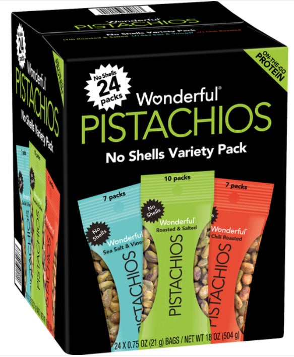 Pistachios No Shell Variety Pack Includes: Roasted & Salted, Sea Salt & Vinegar, Chili Roasted .75 oz Each Pack Quantity 24 Packs/ Box  at UsaCandyWholesale.Com
