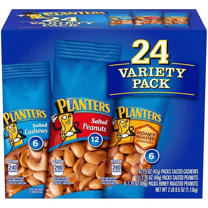 Planters Peanuts and Cashews  24 Packs 6 Cashews Salted 1.5 oz  12 Peanuts Salted 1.75 oz 6 Peanuts Honey Roasted 1.75 oz Sweet Browse at UsaCandyWholesale.Com