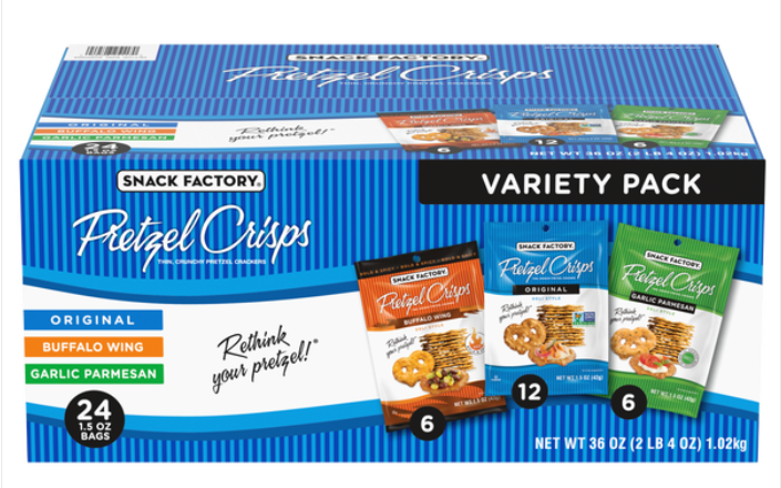 Pretzel Crisps Variety 1.5 oz Each Pack (12 Original, 6 Buffalo Wing, 6 Garlic Parmesan) Quantity 24 Packs Per Case Sweet Browse at UsaCandyWholesale.Com