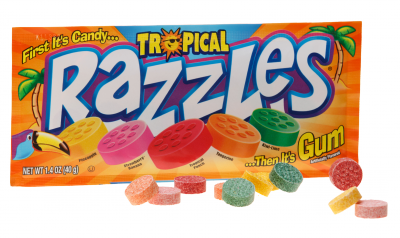 Razzles Candy Tropical Flavors 1.4 oz Each Pack Quantity 24 Packs Per Box Sweet Browse at UsaCandyWholesale.Com