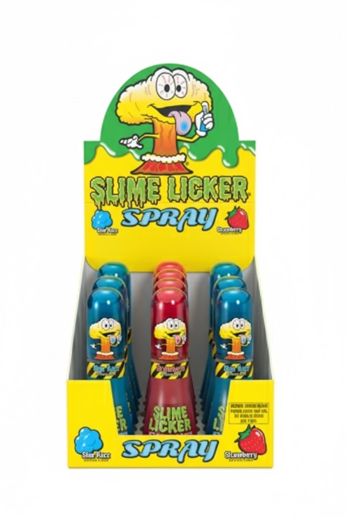 Slime Licker Spray Blue Razz and Strawberry Flavor Each Piece 0.96 oz Quantity 12 Pieces Per Box Sweet Browse at UsaCandyWholesale.Com