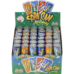 A box containing 12 packs of soda can-shaped candy with a green color scheme, displaying various flavors. Sweet Browse at UsaCandyWholesale.Com