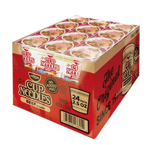 Soup Noodles In a Cup Beef Flavor By Nissin Each Cup 2.5 oz Quantity 24 Cups Per Case Happy Browse at UsaCandyWholesale.Com