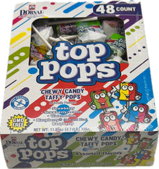 A box of Top Pops chewy candy taffy pops in assorted flavors, containing 48 pops. The box is colorful with illustrations of the taffy pops in different flavors including strawberry, pina colada, watermelon, and raspberry. at UsaCandyWholesale.Com