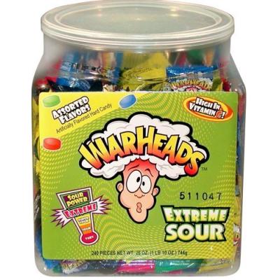 Warheads Extreme Sour Mix Flavors Watermelon . Blue Raspberry . Lemon . Green Apple . Black Cherry  Quantity 240 Pieces  Sweet Browse at UsaCandyWholesale.Com