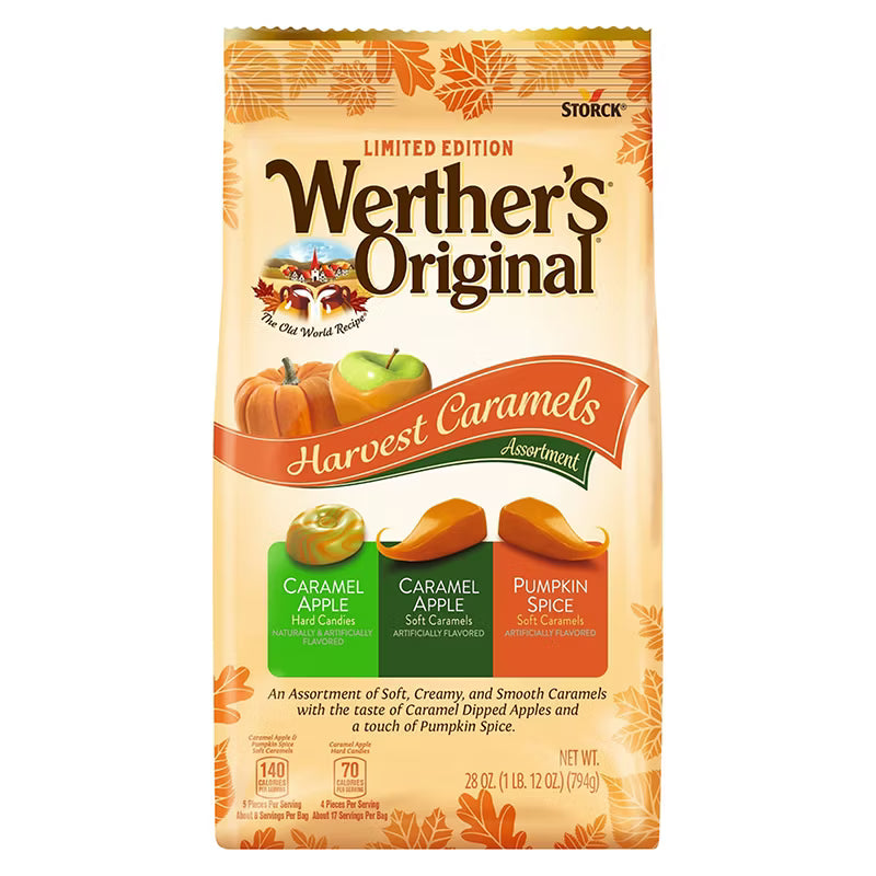 Werther Harvest Assorted Flavors Limited Edition Caramel Apple Hard, Caramel Apple Soft, Pumpkin Spice Soft Quantity 28 oz Sweet Browse at UsaCandyWholesale.Com